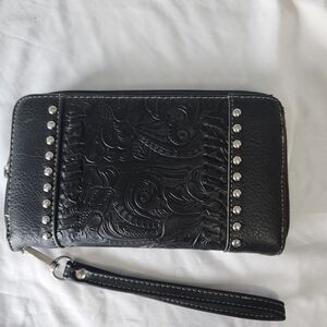 Black Floral Embossed PU Leather Wristlet Clutch with Stud Trim